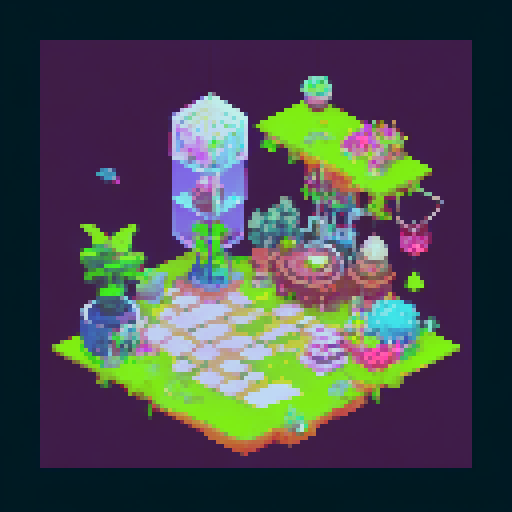 isometric view of a cyberpunk-styled store. Set at night time.
