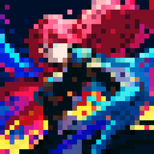 anime character, vibrant colors, dynamic pose, pixelated details, glowing eyes, flowing hair, action-packed scene, intense lighting, dramatic shadows, intricate background