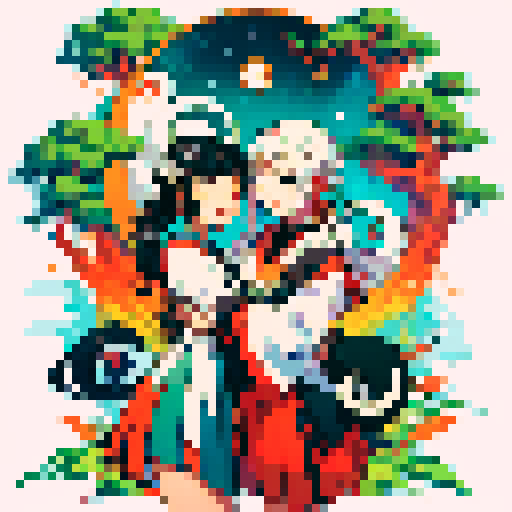 Create images with twinflames incorporated in the painting of yin and yang in middle and maybe gaia tree forming twinflames having their arms around yin and yang symbol?