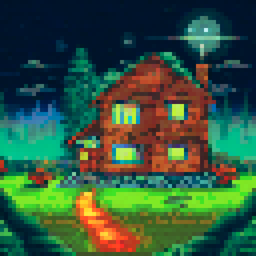 house with lights on near forest, night