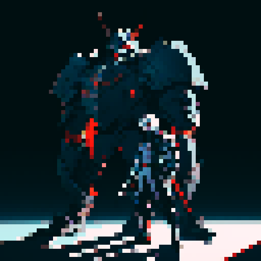 Young man with short white hair with a shadow knight standing behind him. The knight is fully armored with gleaming red eyes