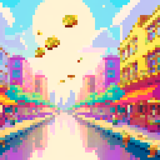 Imagine a vibrant, pixelated world known as Money Land, where the air is thick with the excitement of flying gold coins. This digital realm is filled with towering skyscrapers made of gleaming gold and silver, reflecting the bright, sunlit sky. Streets are lined with bustling marketplaces, where pixelated residents trade and barter using shimmering gold coins that seem to have a life of their own. In the sky above, gold coins of various sizes fly freely, leaving trails of glittering light in the