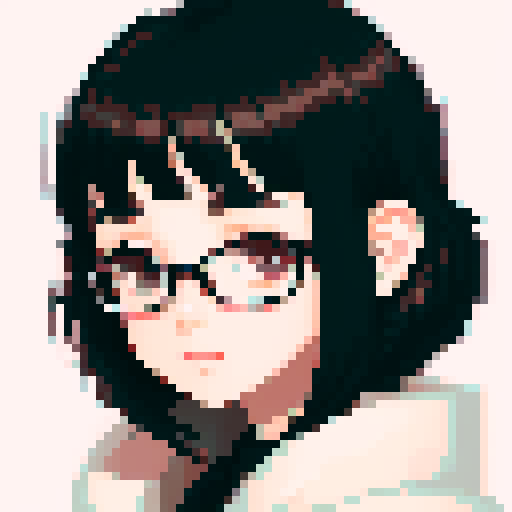 portrait, sprite art, young shy woman, cozy, cute, dark hair, dark eyes, neutral, curious, autistic, nerd