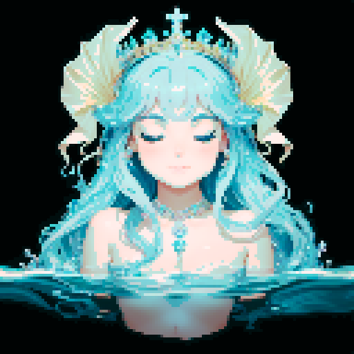 Create a close-up image of a mermaid with a crown in a western classical style, with her face partially submerged underwater. Half of her face is above the water's surface, revealing her beautiful features. The crown should have an ethereal, shimmering quality, adding to her majestic presence. 
