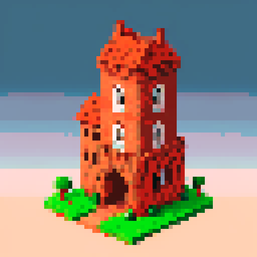 Crumbling brick tower with pointed red clay shingle roof and a solid color background. Give a black stroke around the tower