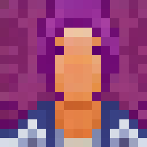 Pixel art close-up portrait of a purple-robed figure with intricate embroidery, holding a glowing crystal ball, against a game icon backdrop of a mystical forest with vibrant flora and fauna.