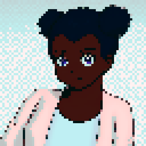 Teenage black girl with navy blue hair and purple eyes