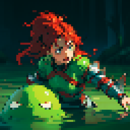 hero sinking into slime, hero drowning in slime, hero has red hair, hero has silver armor, reaching up, panic, sinking deep into the goo