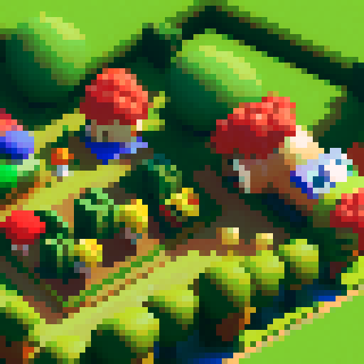 Create a vibrant, pixelated map of a farm-to-table kitchen for the first level of Dr. Ketchup's video game, featuring a lively garden full of fresh vegetables and a bustling kitchen area equipped with classic cooking tools, all rendered in a colorful and stylized pixel art style. Create a pixel art map for the first level of the Dr. Ketchup video game. This level will be the introduction to the world of Dr. Ketchup, setting the tone for the rest of the game. The map should be a stylized version 