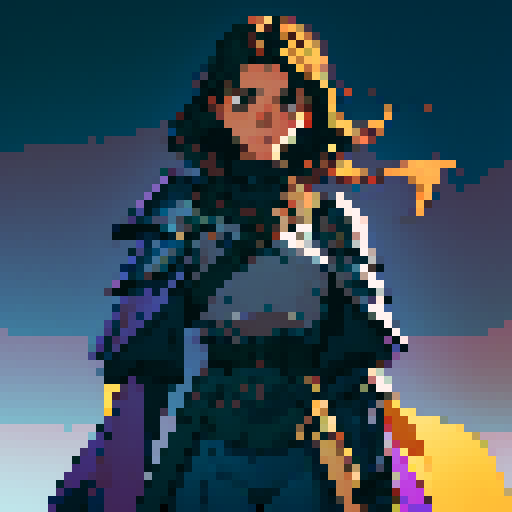 mysterious gunslinger, metal shoulder pads, metal gauntlets, bluish gray pants, brown leather chest armor with yellow highlights, bright purple tattered cloak covering face, sRGB, pixel art