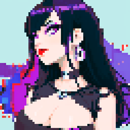 curvy, cute goth girl with black hair, purple eyeshadow, and red lipstick, in a pixel art glamour shot, with vibrant sRGB colors
