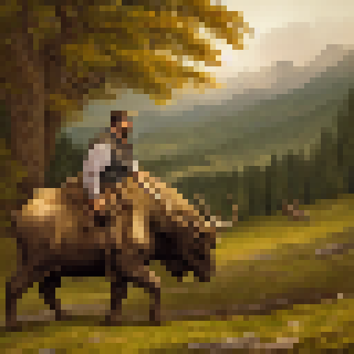 Bearded, portly man atop a majestic moose, traversing a sprawling landscape.