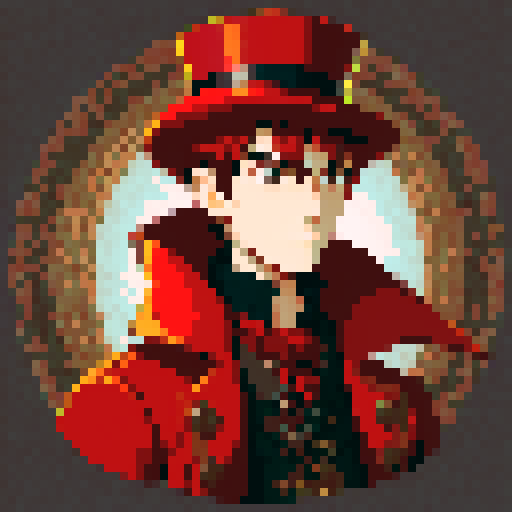 steampunk young man, red coat, red hat, 2D game stance, pixel art, sRGB, full body