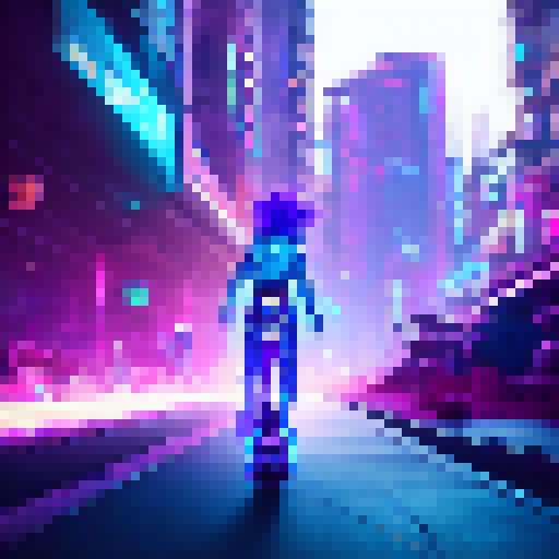Electric blue-haired Ekko from League of Legends zipping through a neon-lit, futuristic city on his hoverboard, evading enemy attacks and leaving behind a trail of vibrant colors in a cyberpunk art style.