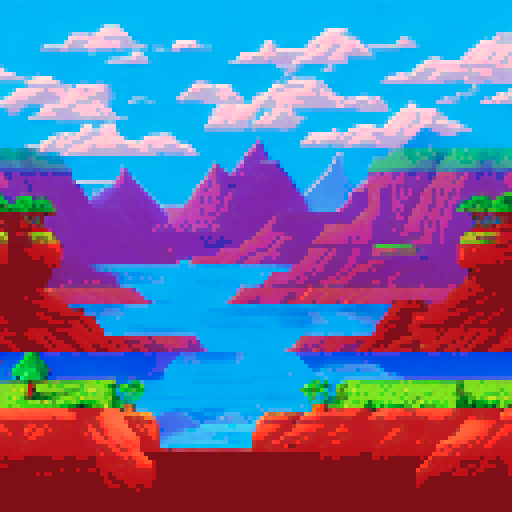 Pixel art of a Martian surface, red rocky terrain with craters, distant mountains, and a dusty orange sky, retro-style 16-bit, 800x600, simple design for a space survival game, no characters or objects, only landscape