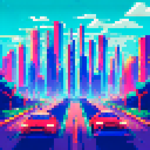 bmw cars, pixelated, vibrant colors, retro video game style, sRGB, pixel art, detailed shading, urban cityscape, futuristic skyscrapers, bustling streets, neon lights, busy traffic, sleek designs, speed and motion, dynamic angles, geometric shapes, low-poly architecture, vibrant backgrounds, energetic atmosphere, high contrast, sharp edges, digital aesthetics, futuristic technology