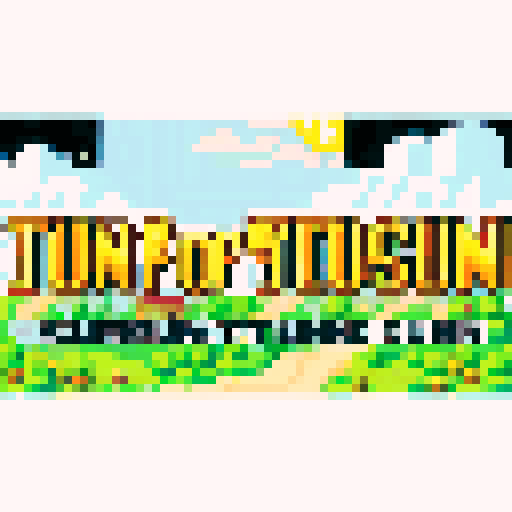 Sunshire title screen farming town, large mountain with small dragons flying around, fire-like text, sRGB, pixel art, background, landscape