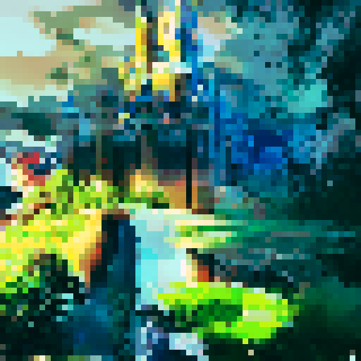 Majestic Disney castle nestled in lush greenery, framed by towering trees, with a shimmering moat and a bright blue sky in the background, rendered in a stunning landscape portrait style.