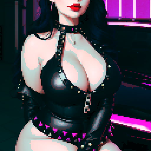 Alluring, curvy, cute busty greaser goth woman's face, whole head portrait, black hair, purple eyeshadow, red lipstick, low cut black studded leather halter top, studded collar, vibrant sRGB colors.