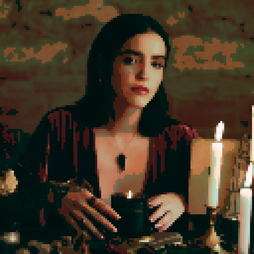 Close-up of a young beautiful woman looking at the viewer making magic with candles.