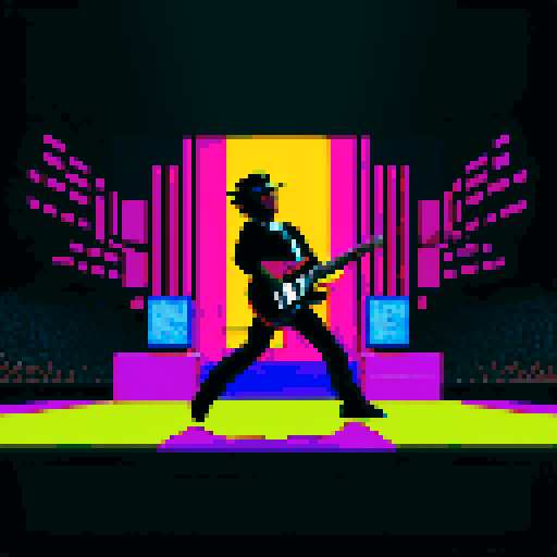 Bruce Springsteen silhouette, bold black lines, vibrant colors, pixelated style, sRGB palette, energetic stage presence, iconic guitar stance, dynamic pixel art rendition, nostalgic 8-bit graphics, electric atmosphere, captivating stage lighting, pixel-perfect details, retro video game vibes, crowd cheering, pulsating rock music, powerful lyrics