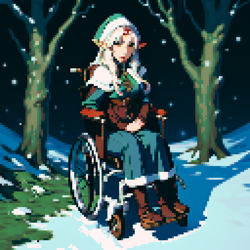 Winter, a pixel art sRGB image featuring a wheelchair-bound elf casting magical spells