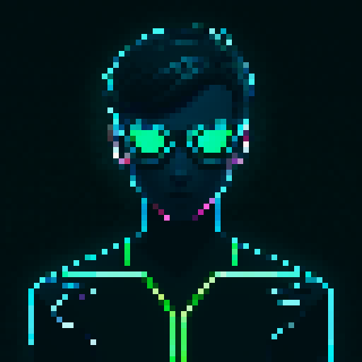 A modern, tech-inspired male coder with glowing lines, matrix-style code, and pixelated effects in the background Dark theme with shades of black, gray, and neon blue or green Innovative and futuristic pixel art in sRGB