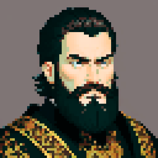 king, regal, black crown, majestic, stoic expression, sharp features, beard, silver accents, royal robe, intricate embroidery, game icon, 32x32 pixel art, sRGB, skill art, close up, portrait