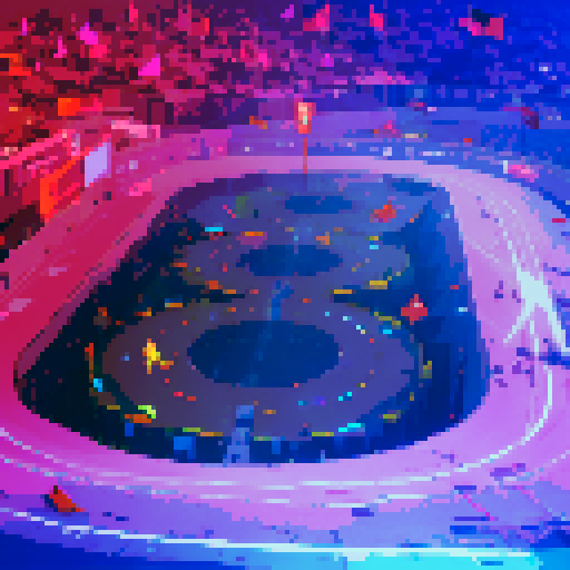 Racing cars zooming around a vibrant, pixelated racetrack, with colorful flags waving and spectators cheering