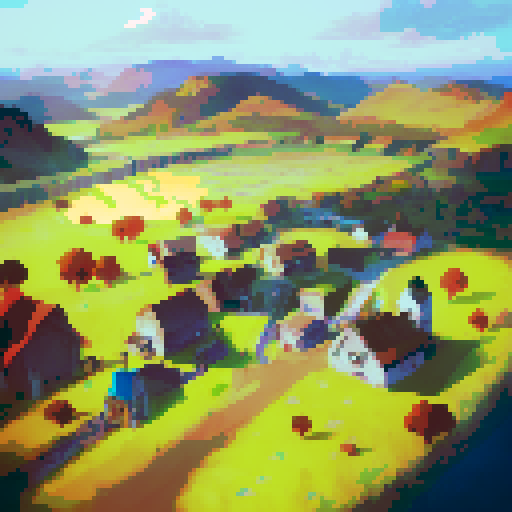 Scenery from elevated angle, farm village with fields, autumn, beautiful scenery, fantasy