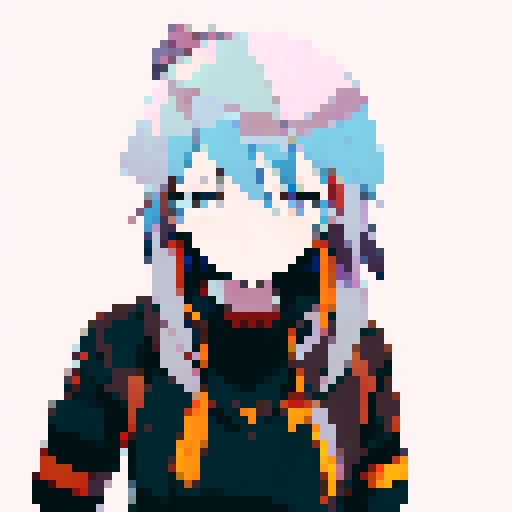 battle portrait of the girl with long white to orange hair with orange eyes. she looks very tired and frustrated, in a dark room