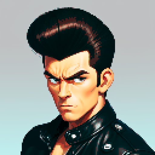 Muscular, tough greaser man with a pompadour hairstyle, wearing a classic motorcycle jacket, pixel art, sRGB colors, portrait, face avatar