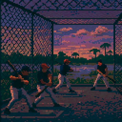 Pixel art of a group of players taking swings in a batting cage with chain-link fencing and concrete. The field beyond is the Florida swamps that are just near spring training. Show players of different builds and stances to hint at diversity of talent. Cool dusk lighting—purples and dusty blues in the sky. Subtle motion blur on the bat or ball for energy.