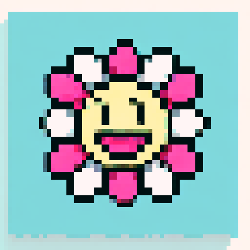 A vibrant, neon cityscape with towering skyscrapers and bustling streets, all in the iconic pixel art style of sRGB and set against a stunningly detailed sunset background