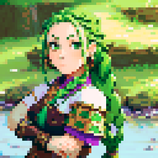 female warrior, vibrant green hair with braids, large sword, fantasy RPG character portrait