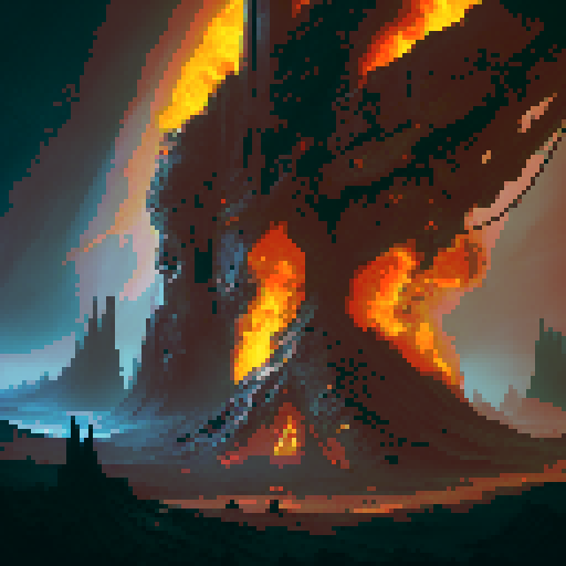 Evil wizard tower and volcano in background. Darker colors. Medieval.