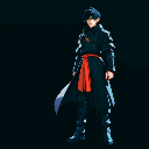 T-pose. Male. Full body. Short, dark blue hair. Black coat. Thin, covert, black armor underneath the coat.