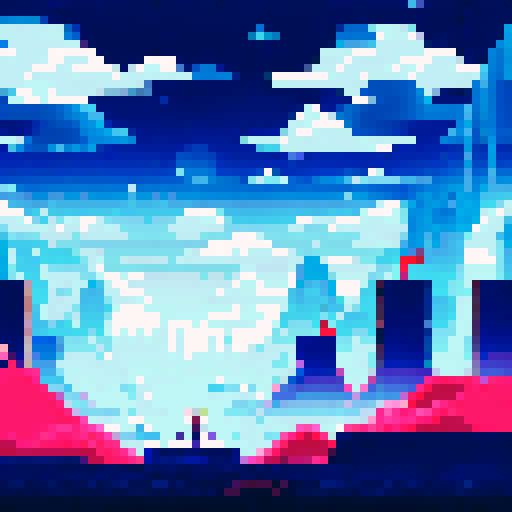 sky city, floating, full of light, music, people playing video-games, sRGB, pixel art, background, landscape