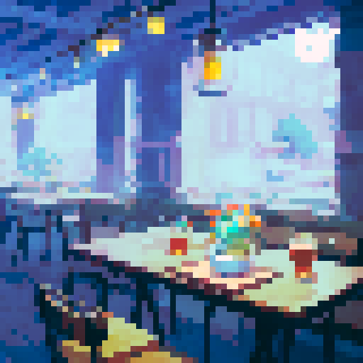 busy city cafe interior, winter cold, crowded tables, steaming cups, baristas brewing coffee, pixel art, sRGB