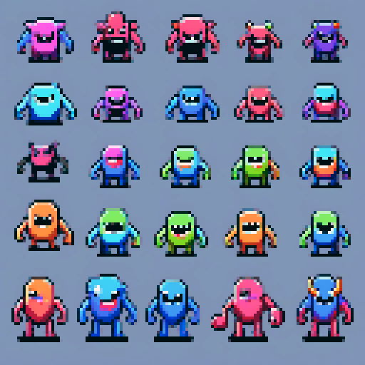 create a bunch of different pixelart 2d monsters i can use as enemies in the game im developing