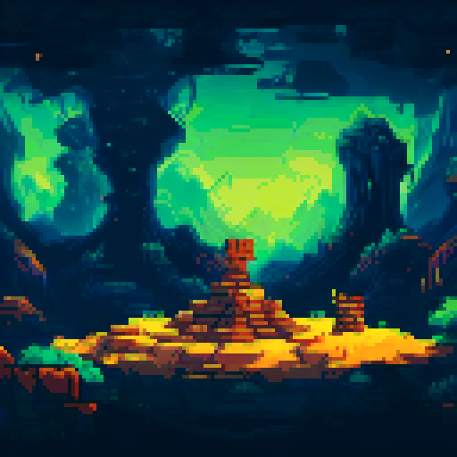 Cave with dark stalagmites on the top and bottom and a central shrine area flanked by torches with a platform in the center. Below the platform in the center of the piece is a pile of treasure and piles of golden coins and loot.
