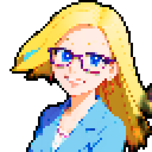 Smart girl with glasses, with average breasts, mathematics, playful, cheerful, smiling, with a pointer in her hand, face, long blond hair, character portrait, rendered in a vibrant anime style with intricate pixel art details