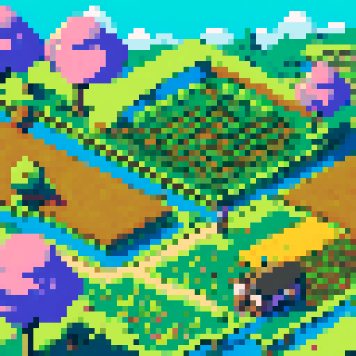 Pokemon trampling farmland, vibrant colors, pixel art, sRGB