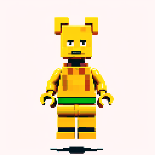 lego pixel, vibrant colors, blocky shapes, small plastic bricks, isometric perspective, retro video game, low resolution, 8-bit graphics, sharp edges, square grid, limited color palette, nostalgic feel, brick-built characters, iconic lego logo, digital recreation, detailed textures, crisp lines, simplified forms, nostalgic gaming vibes gold color body 
