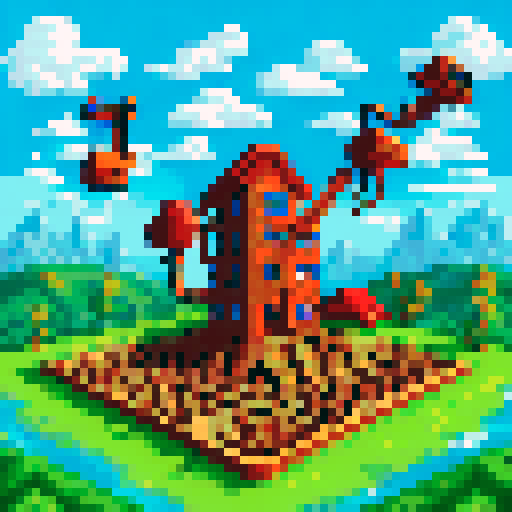 A chaotic scene of construction workers: a man carrying a stack of wood, a woman tangled in a coil of rope, and another worker wrestling with a ladder, all while a mischievous dog runs off with a hammer In the distance, the blueprints lay forgotten on the ground, as the half-built house leans precariously Above them, the words "Building Frenzy" in bold pixel art letters against a sunny, sRGB background