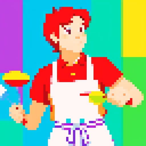 Cute, vibrant, playful chef, apron, appears to be juggling utensils but no utensils are in shot, pixel art, colorful, character facing forward as if looking at the camera, character looking up to the ceiling concentrating on juggling, no background, sRGB