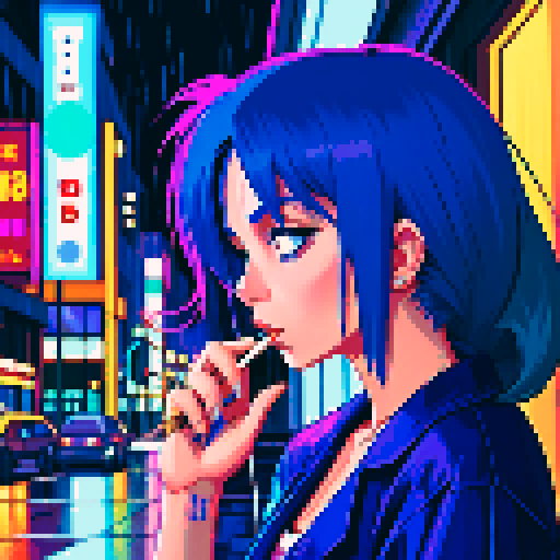 Blue haired 90s pop girl, smoking a cigarette, downtown, in the rain, gritty, nighttime