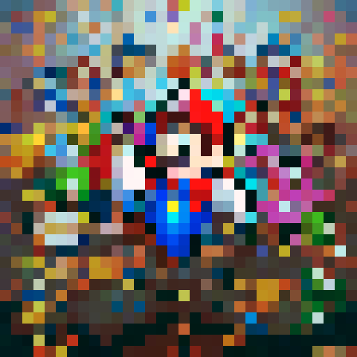 "Pixelated Murakami characters and Mario emerge from the screen in a skillful and vibrant game icon style, with close-up portraits showcasing their unique and quirky personalities."