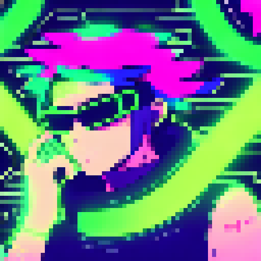 Glowing cyberpunk hacker with slicked back hair and a neon visor, surrounded by flickering neon lights and a futuristic cityscape, all depicted in the vibrant and edgy Yo-Hokki style.