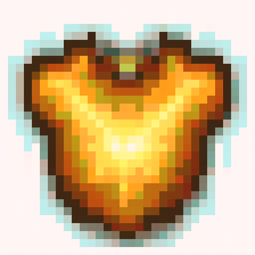 Flaming red and orange hues, sharp metallic edges, intricate engravings on a game-icon sized chestplate, skillfully rendered in 32x32 pixel art with sRGB color, showcasing a close-up portrait of the fiery armor
